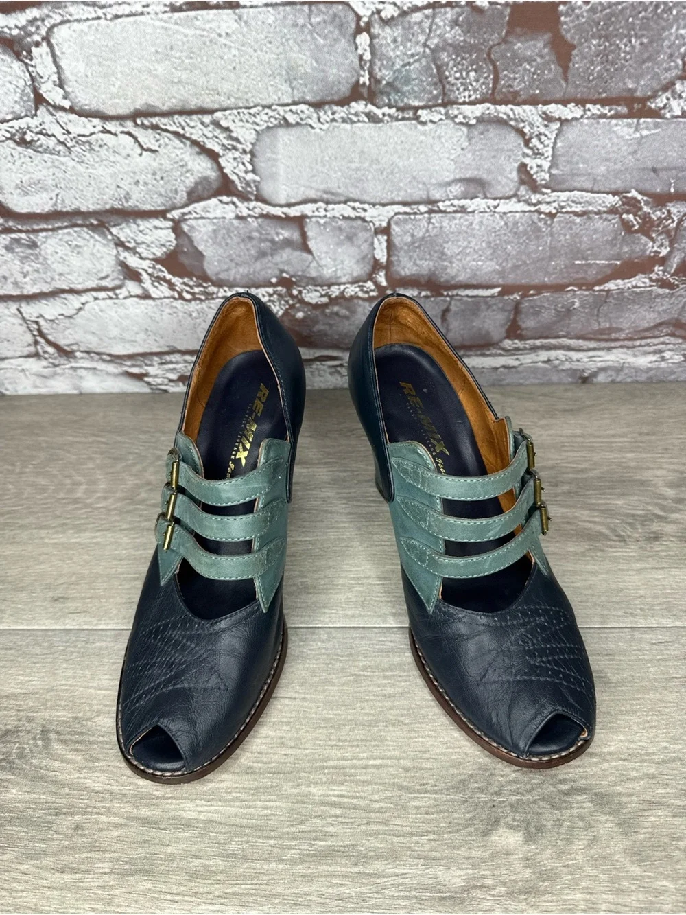 re-mix vintage Aviator 1930’s Blue Leather Peep Toe Heels Women Sz 6.5M US/37EU
